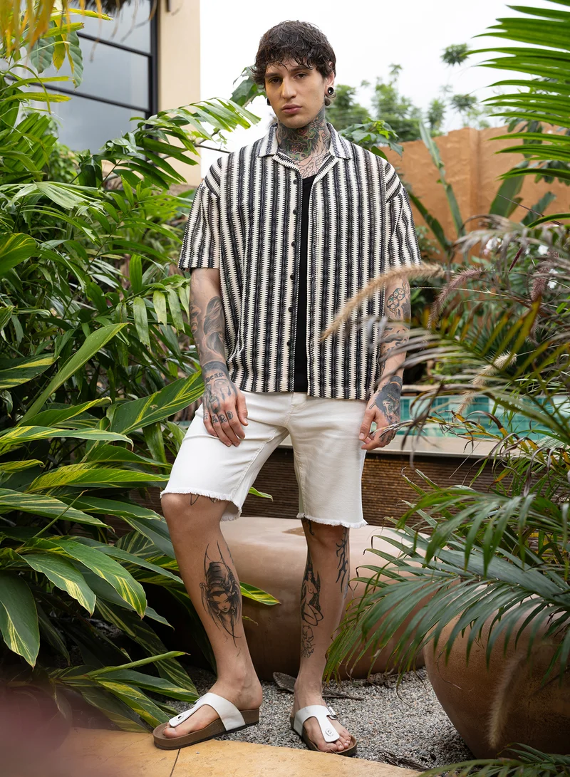 Campus Sutra Campus Sutra Men Candy-Striped Crochet Oversized Shirt | Cuban Collar Short Regular Sleeves | Button Closure Straight Hem | Stripes Crochet | Woven Fabric For Casual & Vacation Wear | Black & White