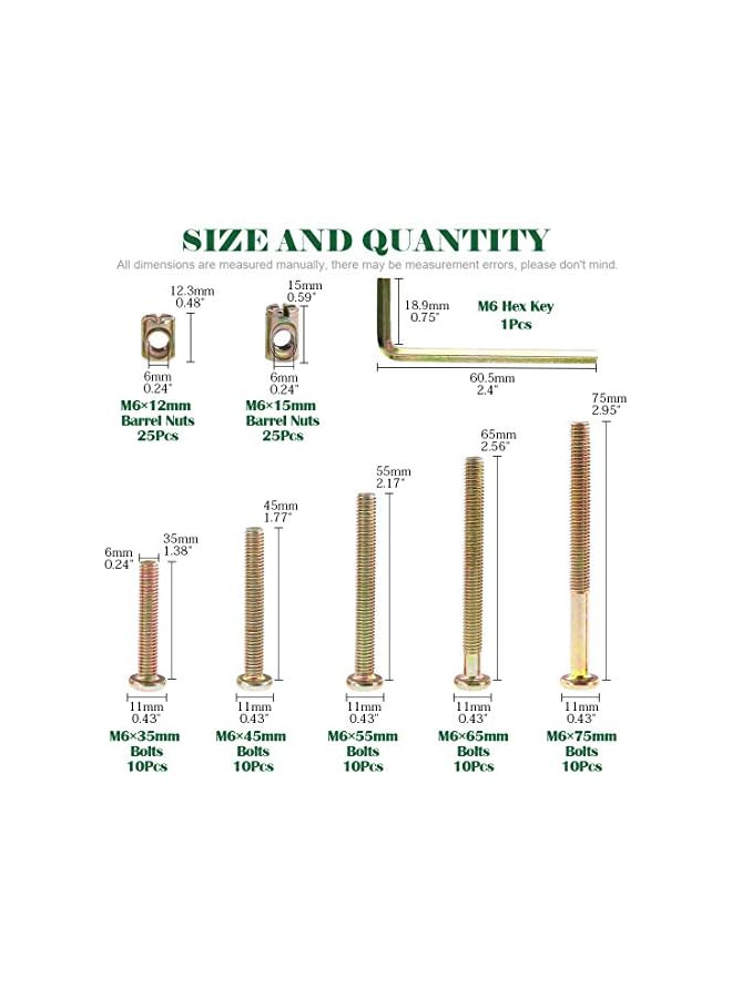 Keadic 100Pcs M6 Hex Socket Head Cap Screws Nuts, Zinc Plated Steel Barrel Bolt Nuts Hardware Replacement Kit for Furniture Cots Beds Crib, 1 Hex Key for Free - 35/45/55/65/75mm - Image 2