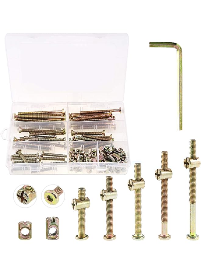 Keadic 100Pcs M6 Hex Socket Head Cap Screws Nuts, Zinc Plated Steel Barrel Bolt Nuts Hardware Replacement Kit for Furniture Cots Beds Crib, 1 Hex Key for Free - 35/45/55/65/75mm - Image 1