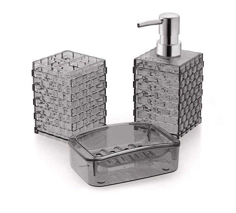 RangTeq Bathroom 3 in 1 Transparent Space Saving Toothbrush Bottle/Shampoo Dispense/Brush Holder/Soap Holder Stand/Sabundani Box Storage Set (Grey) (Plastic) - Image 1