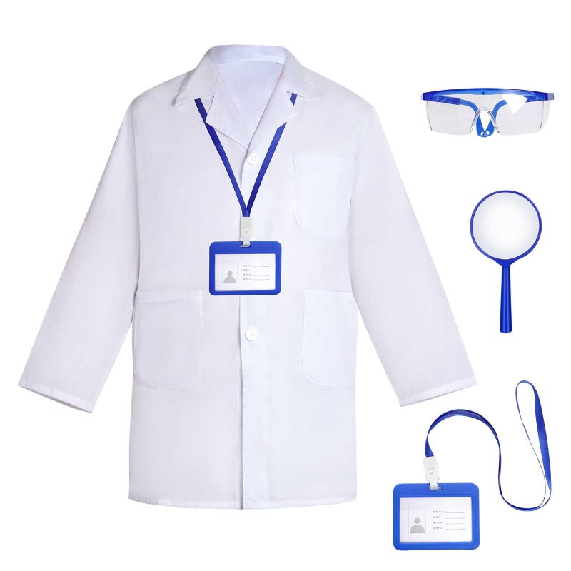 mifengda Doctor Scientist Costume Kids Lab Coat and Goggles Children Dress Up Kit with ID Card Magnifying Glass for Halloween XS Blue - Image 2