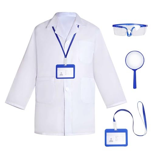 mifengda Doctor Scientist Costume Kids Lab Coat and Goggles Children Dress Up Kit with ID Card Magnifying Glass for Halloween XS Blue - Image 1