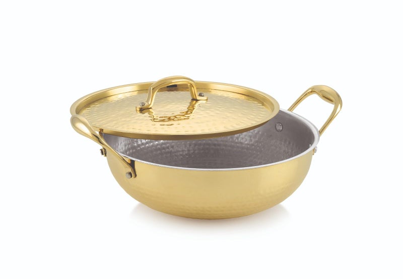 Tosaa Brass KADAHI with LID 27 CM (3400 ML), with Insulated Heat-Resistant Handle with Lid Traditional Handcrafted Pital Kadhai for Kitchen Use - Image 1