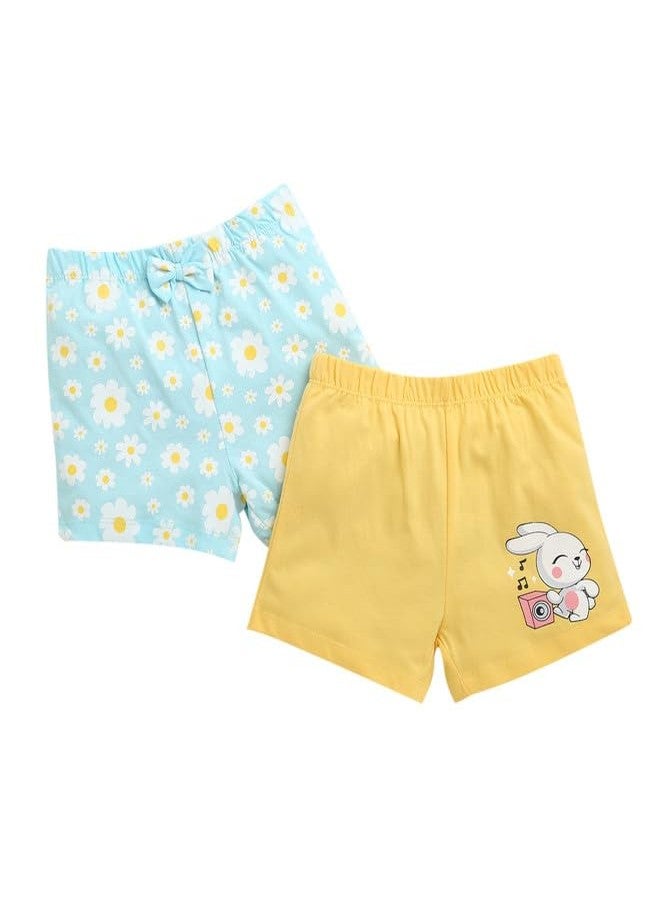BUMZEE شورتات قطنية للبنات من بامزي، طول فوق الركبة، عبوة من قطعتين، لون أزرق سماوي وأصفر - 12-18 شهرًا (Peb10436D-sbl) - Image 1