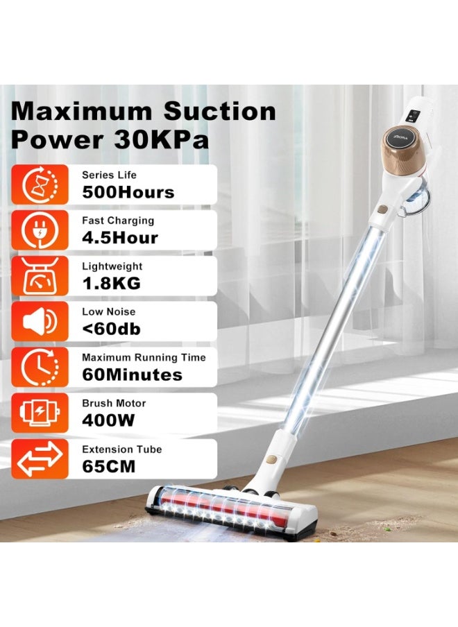 Xoopla Cordless Vacuum Cleaner, 30Kpa Powerful Suction Stick Vacuum Cleaner, Up to 60Mins Runtime, 2 Power Modes LED Touch Screen, Ideal for Home, Car, Hard Floor, Carpet, Pet Hair  - Image 4