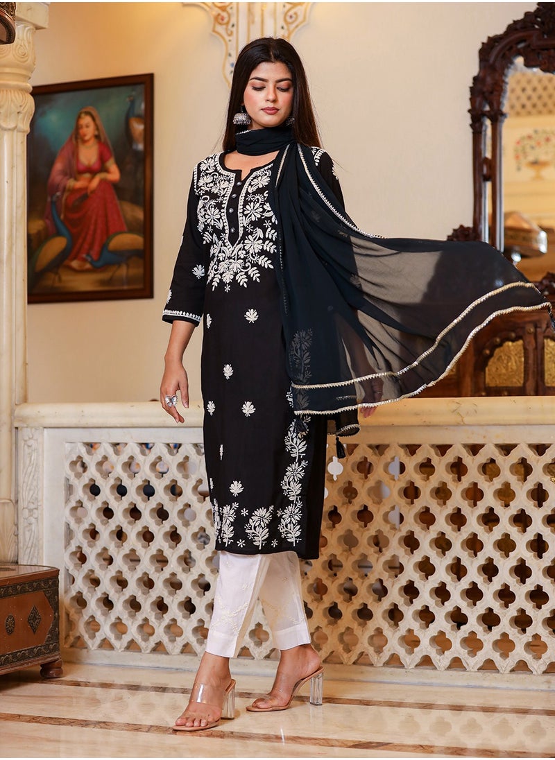 Graceful Black Lucknowi Chikankari Kurta Pant Set with Dupatta - pzsku/Z41415ED18206D693B2B3Z/45/_/1739434501/bcede969-93f1-41dd-97f7-56a9c832b1a4