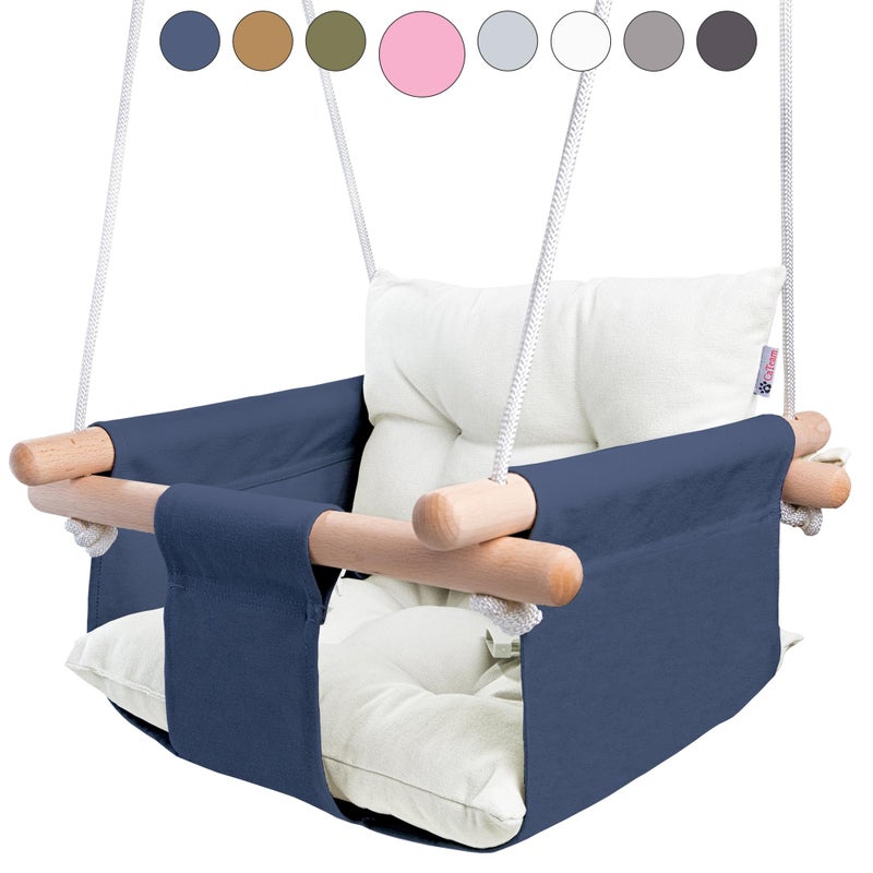 CaTeam - Canvas Baby Swing, Wooden Hanging Swing Seat Chair with Safety Belt, Durable Baby Swing Chair, Outdoor and Indoor Swing for Kids, Mounting Hardware Included, Blue - Image 1