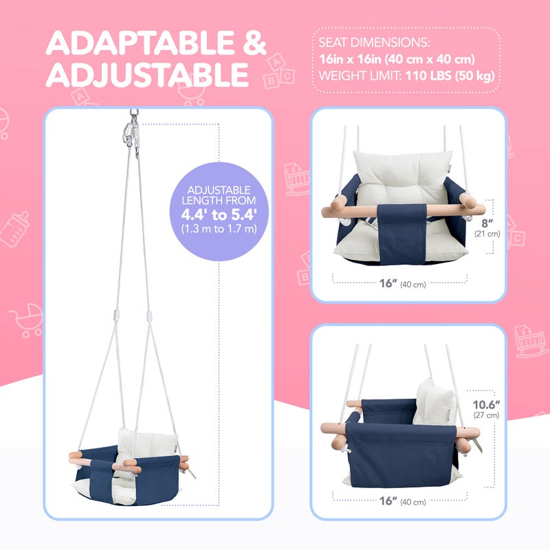 CaTeam - Canvas Baby Swing, Wooden Hanging Swing Seat Chair with Safety Belt, Durable Baby Swing Chair, Outdoor and Indoor Swing for Kids, Mounting Hardware Included, Blue - Image 5