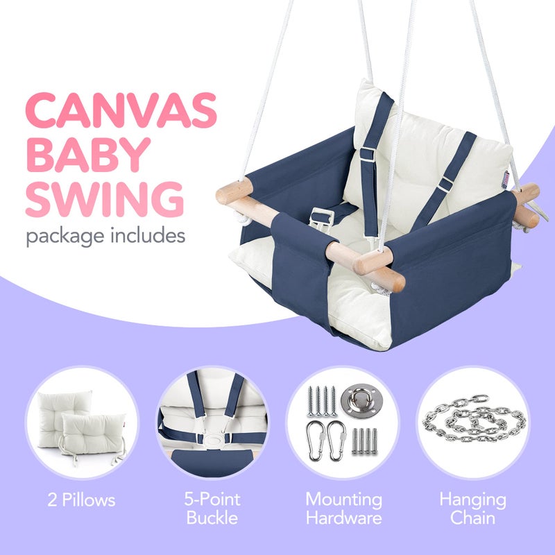 CaTeam - Canvas Baby Swing, Wooden Hanging Swing Seat Chair with Safety Belt, Durable Baby Swing Chair, Outdoor and Indoor Swing for Kids, Mounting Hardware Included, Blue - Image 3