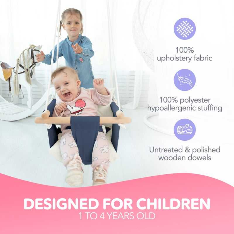 CaTeam - Canvas Baby Swing, Wooden Hanging Swing Seat Chair with Safety Belt, Durable Baby Swing Chair, Outdoor and Indoor Swing for Kids, Mounting Hardware Included, Blue - Image 2