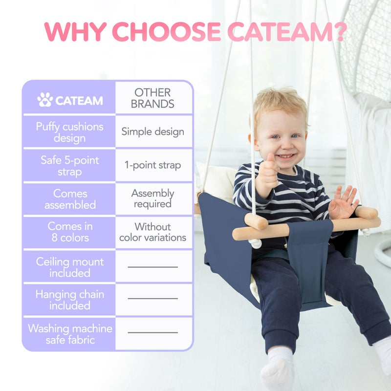 CaTeam - Canvas Baby Swing, Wooden Hanging Swing Seat Chair with Safety Belt, Durable Baby Swing Chair, Outdoor and Indoor Swing for Kids, Mounting Hardware Included, Blue - Image 4
