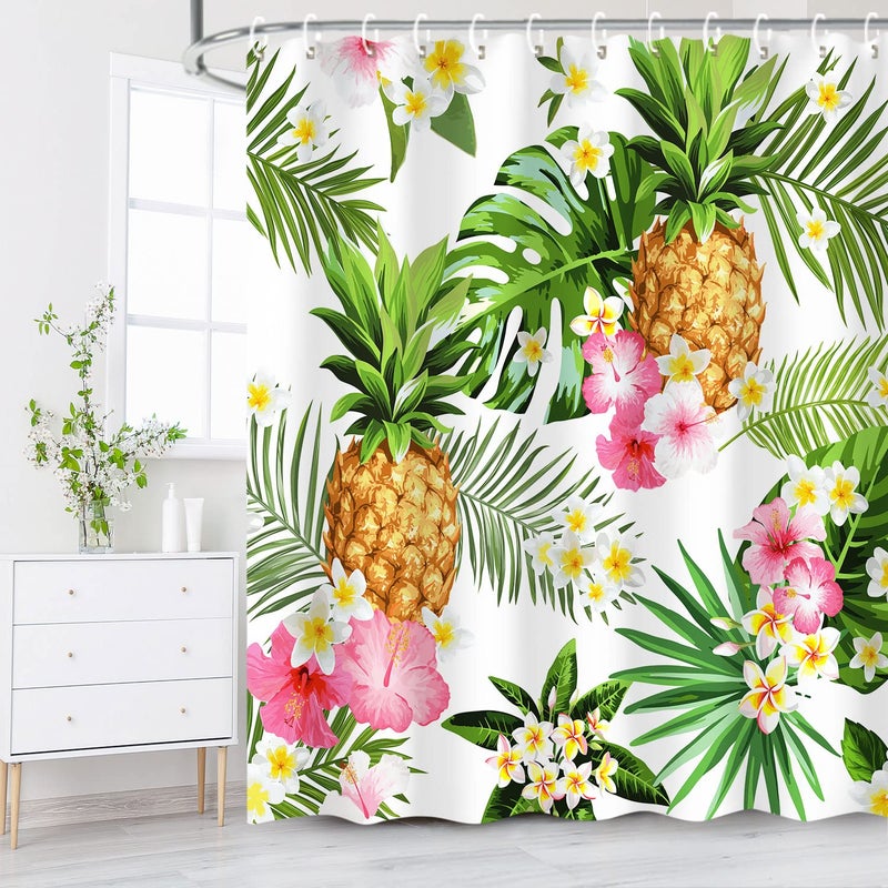 LIVILAN Tropical Shower Curtain Summer Pineapple Fabric Bathroom Curtain Set with Hooks Decorative Green Leaves Pink Flowers 72x72 Inches Machine Washable