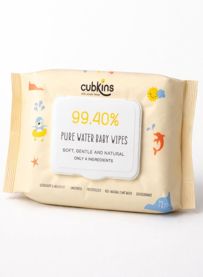 Cubkins Pure Water Baby Wipes | 99.4% Water & Plant-Based Fabric | Unscented, Biodegradable & Hypoallergenic | Cleansing for Sensitive Newborn Skin | 72 Wipes Pack (Flip Lid) - Image 1