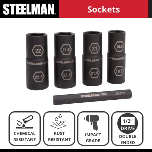 Steelman Pro 5-Piece 1/2-Inch Drive Metric 6-Point Thin Wall Impact Flip Socket and Knockout Bar Set with Half Sizes (18.5 x 19.5mm, 21 x 21.5mm, 22 x 22.5mm, and 21.5 x 22.5mm Sockets) - Image 2