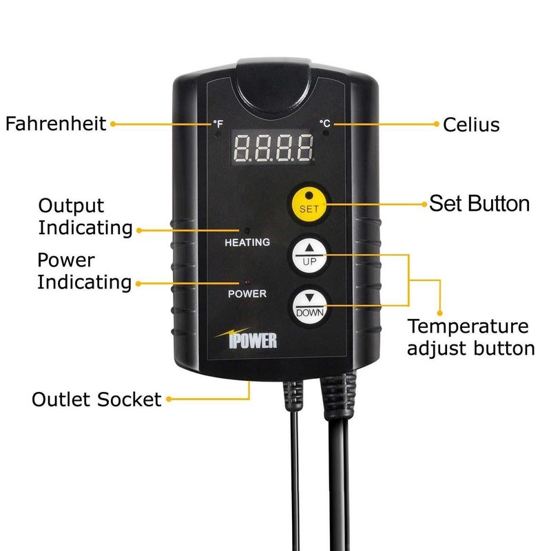 iPower GLHTMTCONTROL 40-108 Degrees Fahrenheit Digital Heat Mat Thermostat Controller for Seed Rooting Germination Reptiles, Fermentation and Brewing, 1000W-Black, Black - Image 2