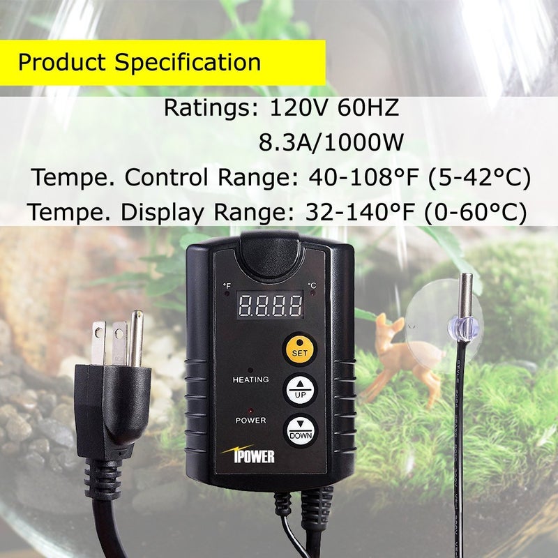iPower GLHTMTCONTROL 40-108 Degrees Fahrenheit Digital Heat Mat Thermostat Controller for Seed Rooting Germination Reptiles, Fermentation and Brewing, 1000W-Black, Black - Image 5