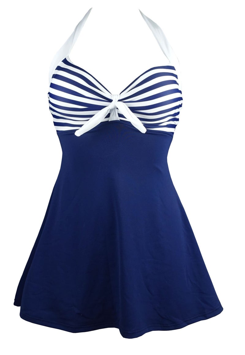COCOSHIP White Navy Blue Striped Vintage Sailor Pin Up Swimsuit One Piece Skirtini Cover Up Beachwear XXLUS14
