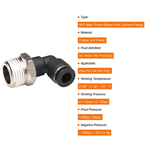 CEKER 1/4 Elbow Male Airlines Push Fittings 90 Degree Push to Connect Fittings Air Fittings, PL 3/8" Tubing Od x 1/4" Npt Thread Pneumatic Push In Connectors Quick Connect Tube Fittings 5Packs - Image 3
