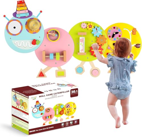 Sinpedex Caterpillar Activity Wall Busy Board for Kids12 in 1 Sensory Wall Panel for ToddlerWooden Montessori Educational Toys for Playroom Daycare Nursery Classroom - Image 1