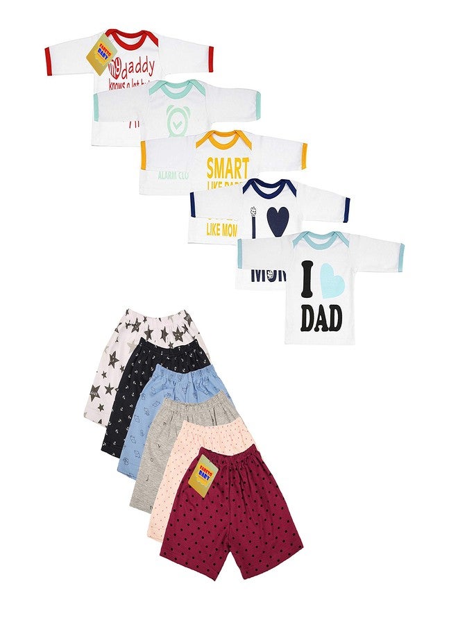 First Kids Step Fareto Baby's Cotton Shorts and 5 Mom and Dad Quotes Tees (White, 12-18 Months) -Combo of 6 - Image 1