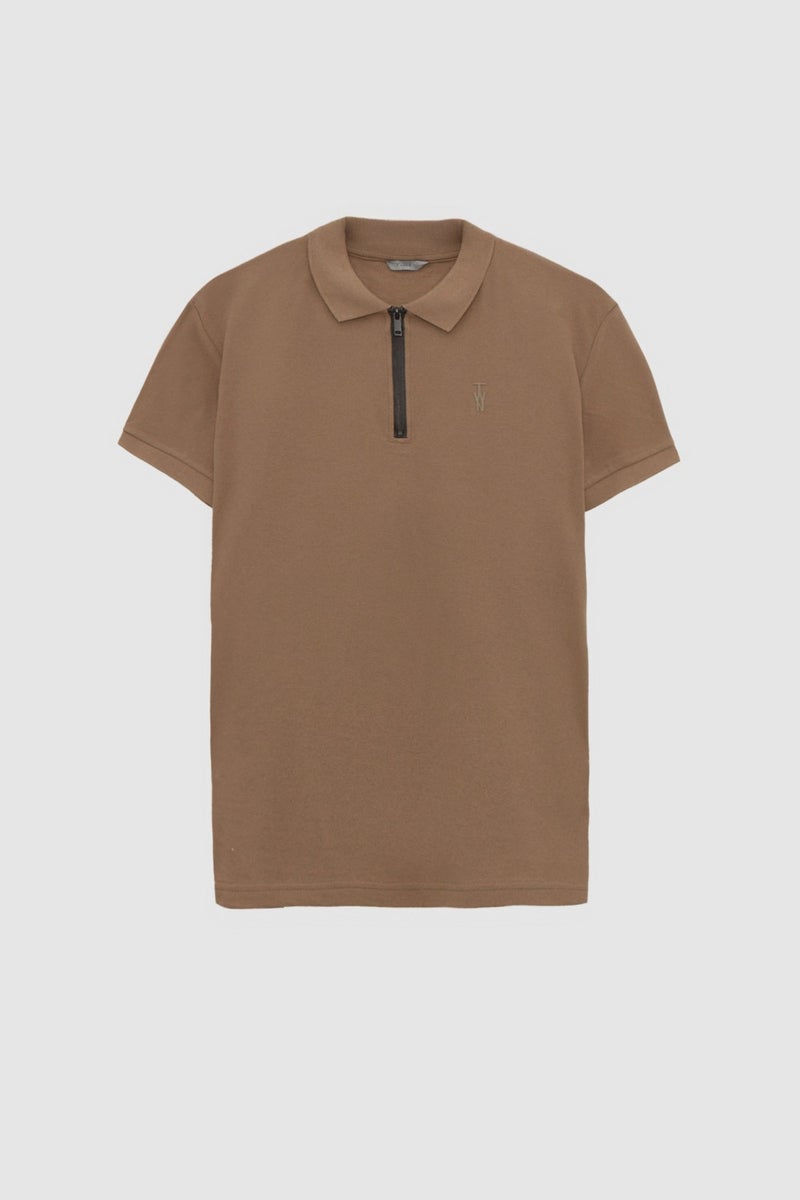twn Slim Fit Mink Pique Textured Half Zipper Polo Neck T-Shirt 4EC14ORTFRPLO  - Image 5