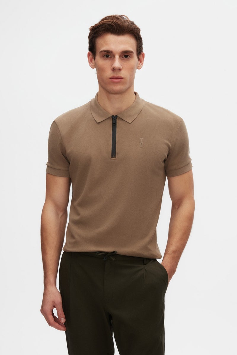 twn Slim Fit Mink Pique Textured Half Zipper Polo Neck T-Shirt 4EC14ORTFRPLO  - Image 1