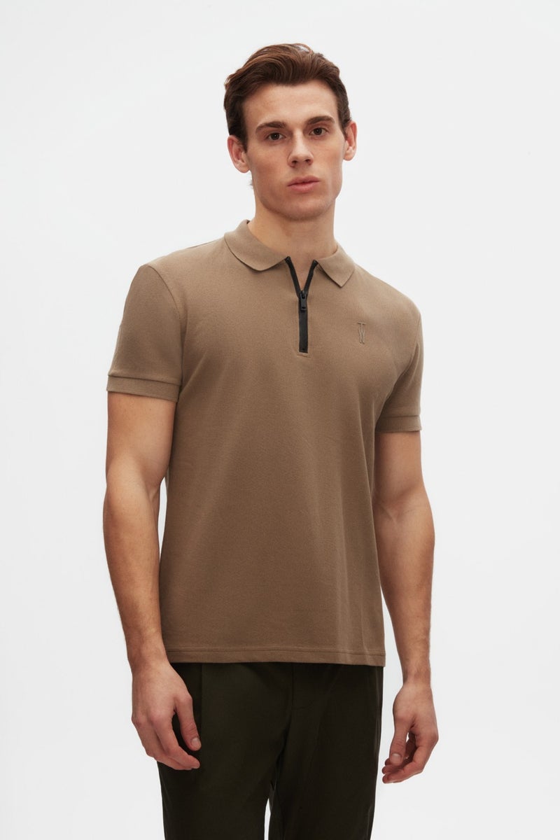 twn Slim Fit Mink Pique Textured Half Zipper Polo Neck T-Shirt 4EC14ORTFRPLO  - Image 2