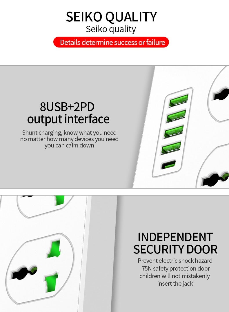 Sky View Surge Protector Power Strip-Flat Plug Extension Cord With 4 Outlets And 8 USB Ports And 2 Type-C Ports,2M Power Cord(3000W/16A/110V-265V)PC Flame Retardant Material,Pure Copper Core - Image 3