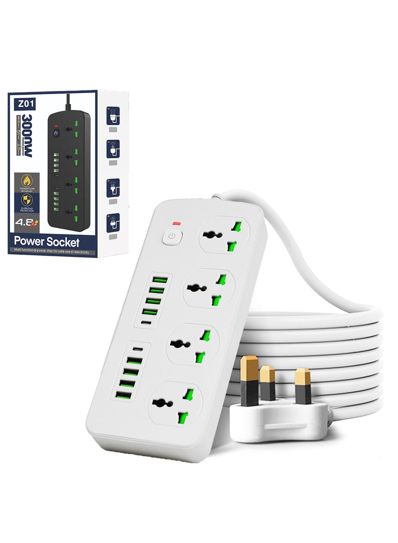 Sky View Surge Protector Power Strip-Flat Plug Extension Cord With 4 Outlets And 8 USB Ports And 2 Type-C Ports,2M Power Cord(3000W/16A/110V-265V)PC Flame Retardant Material,Pure Copper Core - Image 1