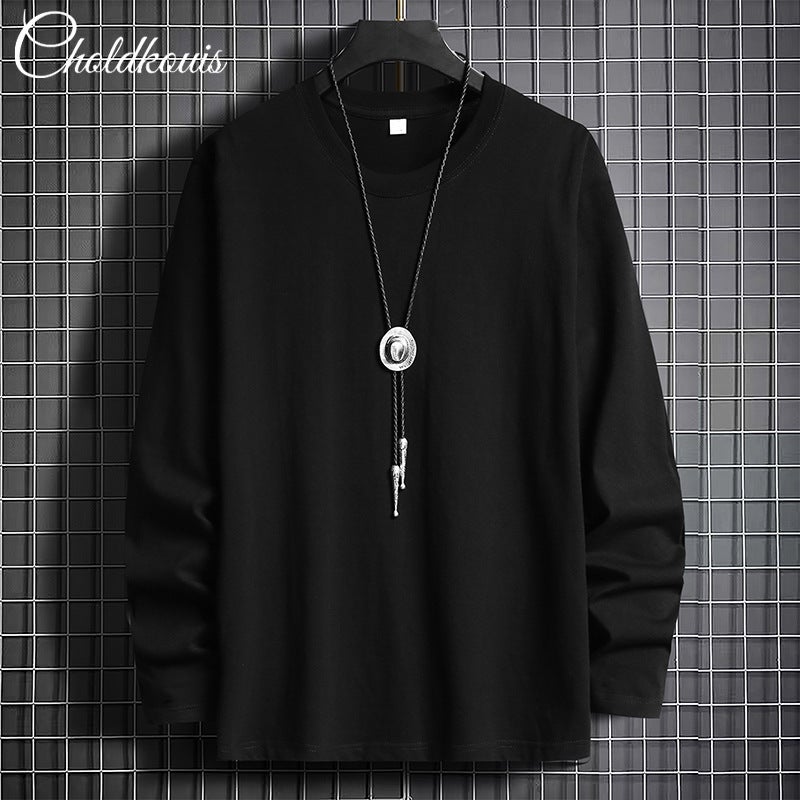Long-Sleeved T-Shirt Men'S Cotton Fleece-Lined Bottoming Shirt Black Men'S Round Neck Jacket Black Pattern Fashion - Image 3