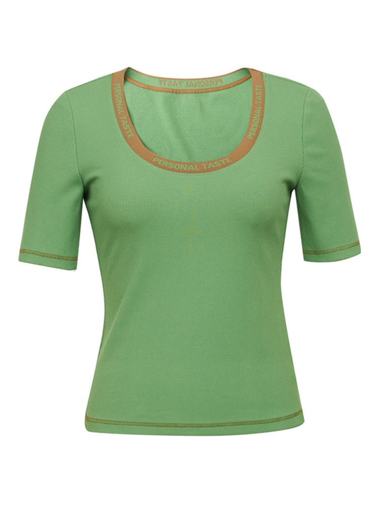 Women'S 2024 U-Neck Letter Slim-Fit Slim Color Matching Striped Short-Sleeved T-Shirt For Women - Image 5