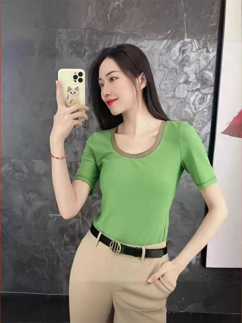 Women'S 2024 U-Neck Letter Slim-Fit Slim Color Matching Striped Short-Sleeved T-Shirt For Women - Image 1