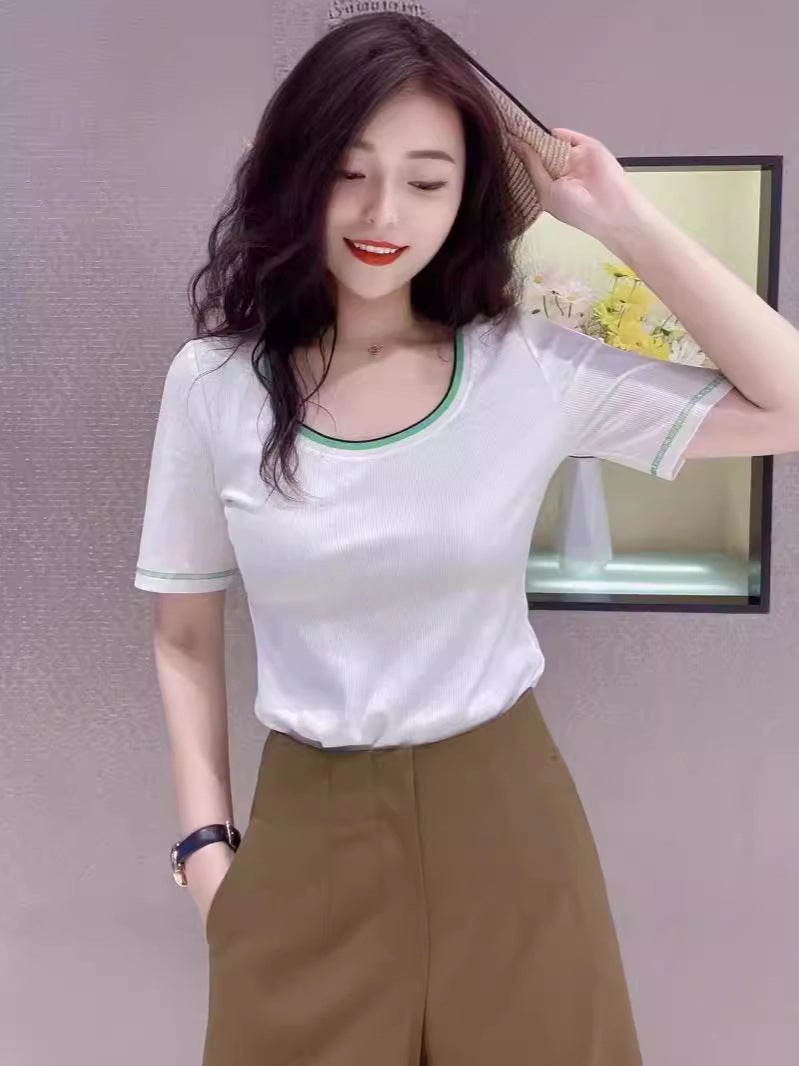 Women'S 2024 U-Neck Letter Slim-Fit Slim Color Matching Striped Short-Sleeved T-Shirt For Women - Image 4