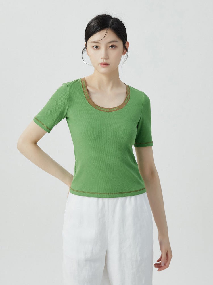 Women'S 2024 U-Neck Letter Slim-Fit Slim Color Matching Striped Short-Sleeved T-Shirt For Women - Image 3