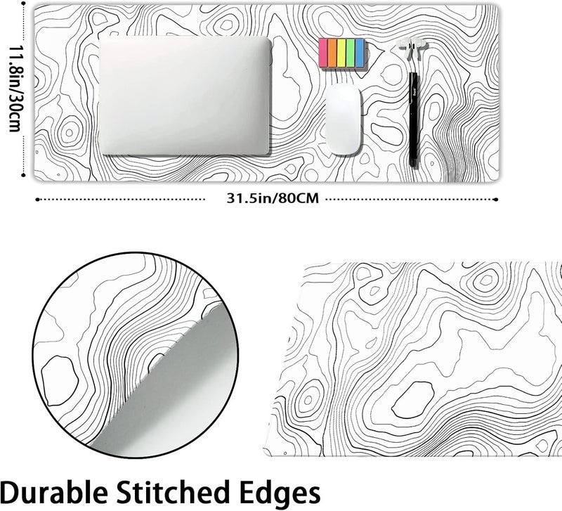 aportt Topographic Contour White Gaming Mouse Pad XL Topo Geographic Map Lines Extended Large Mouse Pad Big Desk Mat Non-Slip Rubber Base Stitched Edge Long Keyboard Playmat for Desk Computer,31.5×11.8 in - Image 2