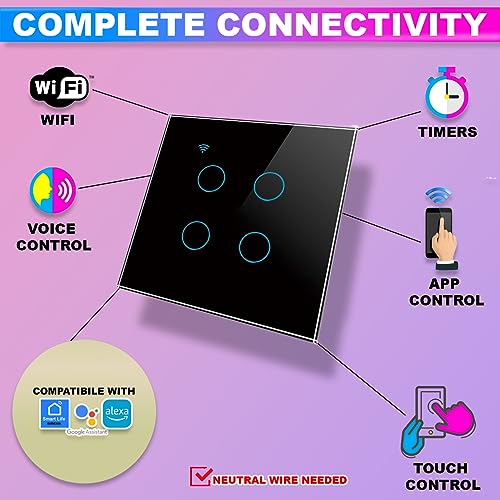 amiciSmart WIFI Touch Switch,4 Gang Wall Switch with Touch Button Compatible with Alexa, Google Assistant and SmartLife App, 10A 230VAC Smart Switch with Interlocking Feature (2300W) - Image 2