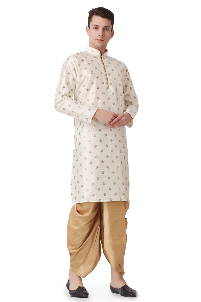 Royal Kurta Men's Silk Blend Printed Kurta Dhoti Set (40, Gold) - Image 4