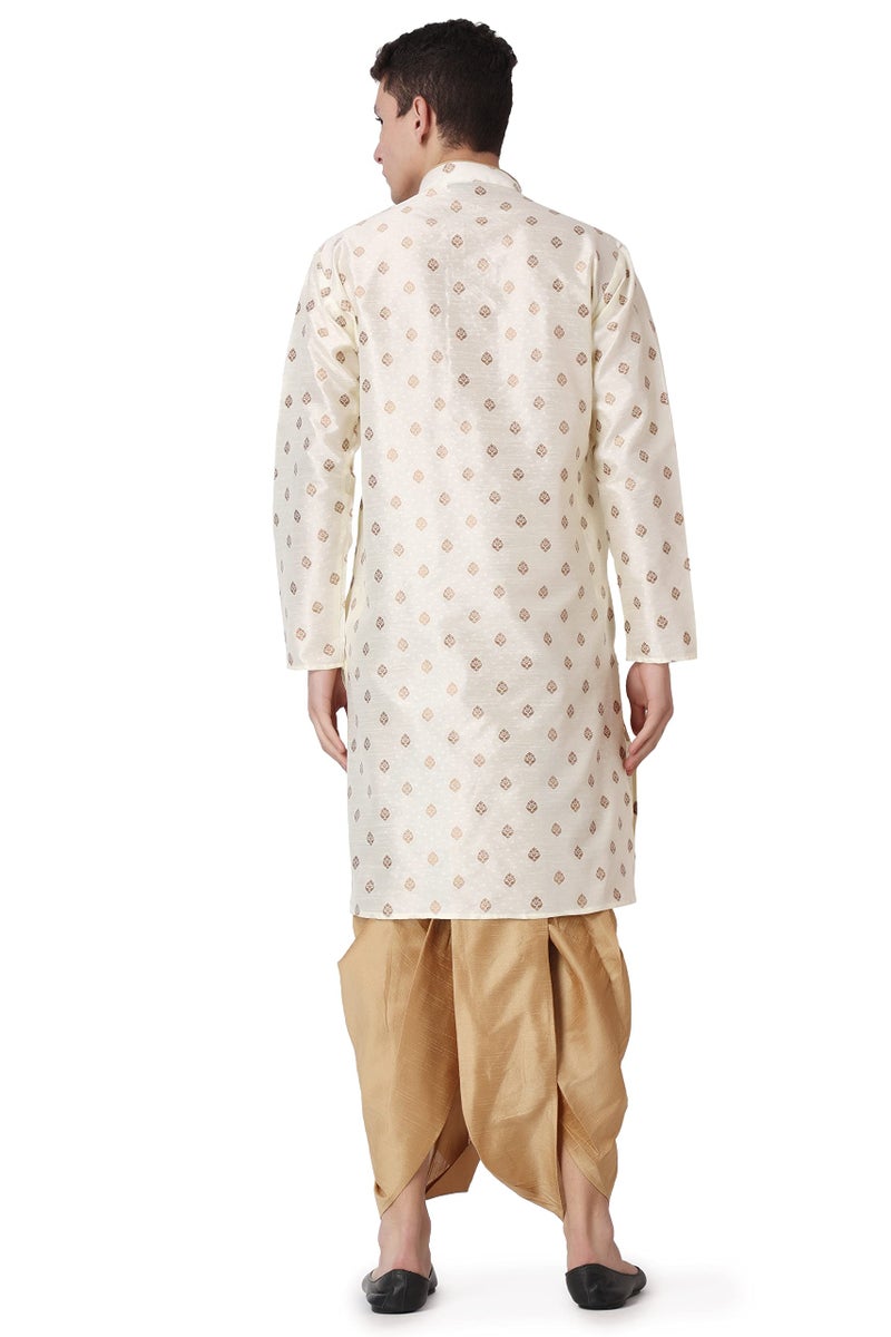 Royal Kurta Men's Silk Blend Printed Kurta Dhoti Set (40, Gold) - Image 2