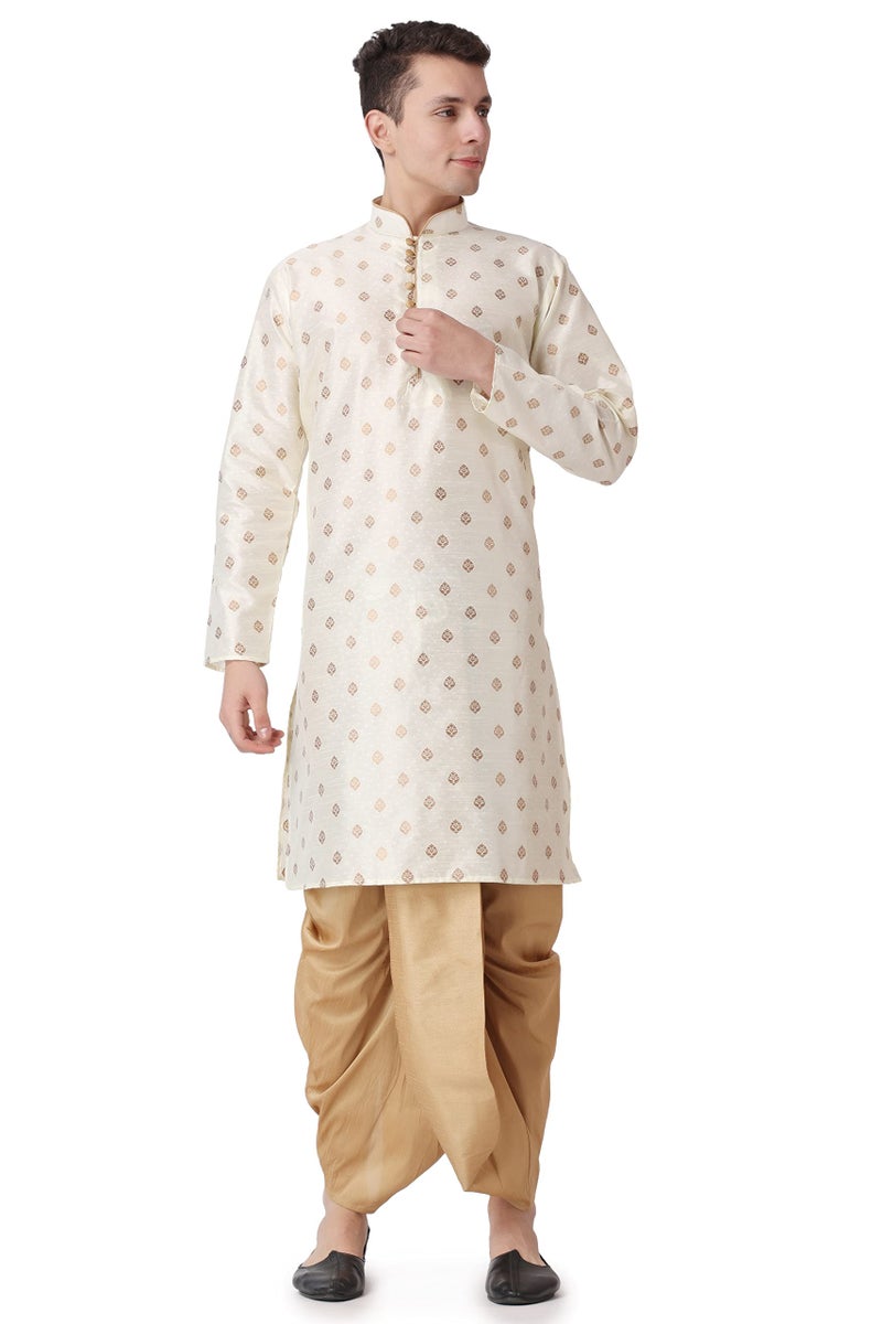 Royal Kurta Men's Silk Blend Printed Kurta Dhoti Set (40, Gold) - Image 1