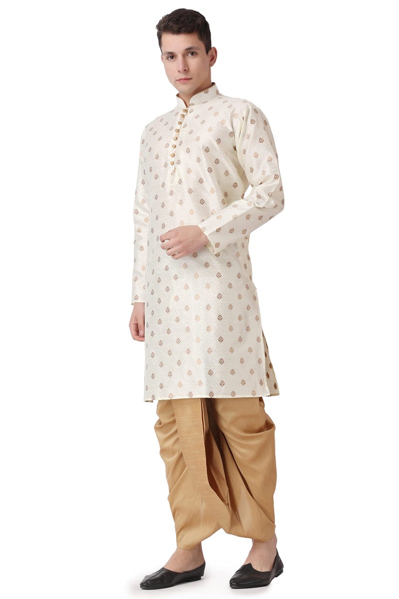 Royal Kurta Men's Silk Blend Printed Kurta Dhoti Set (40, Gold) - Image 3