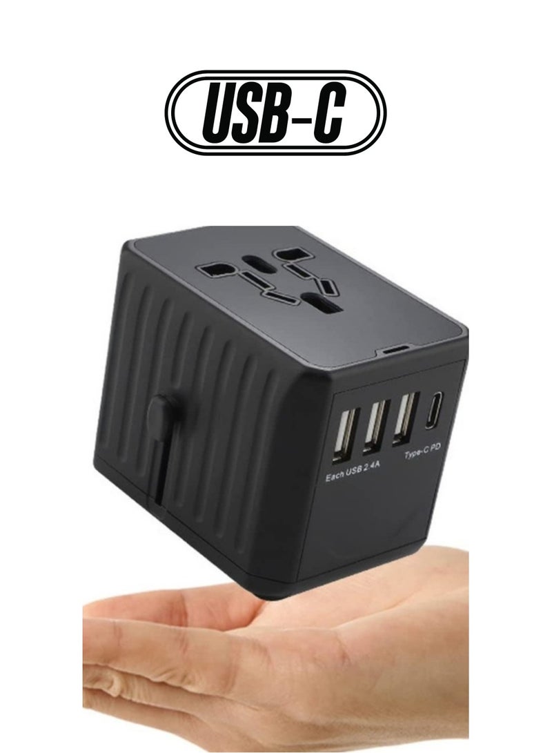 Multi-Function Power Adapter for Travel, International Power Conversion Connector, 3Type-A & 1Type-C,4USB Interface, Universal Standard in Uk, Usa, Australia and Europe, Etc (Black) - Image 1