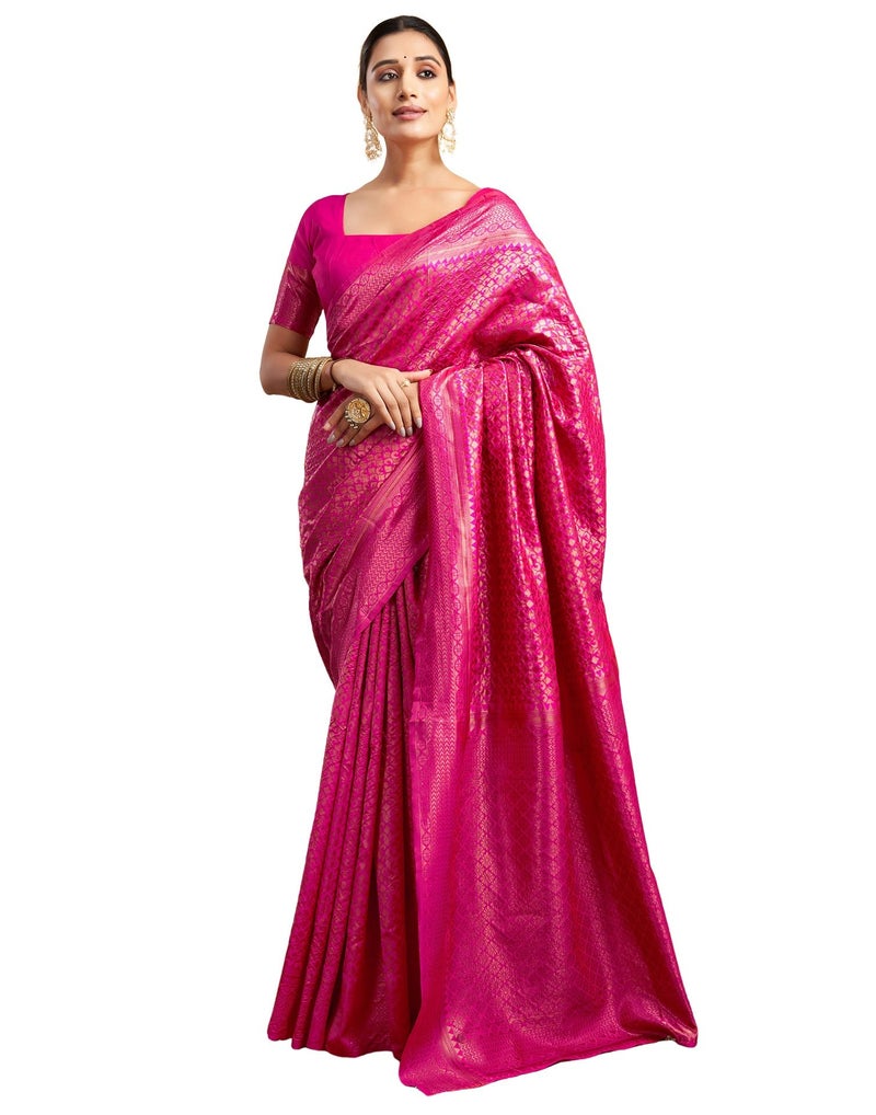 SIRIL Women's Pure Banarasi Silk Saree Kanjivaram Style Saree With Blouse Piece For Wedding (3954S512_Pink) - Image 1