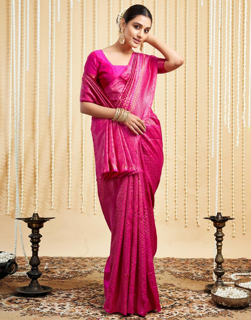 SIRIL Women's Pure Banarasi Silk Saree Kanjivaram Style Saree With Blouse Piece For Wedding (3954S512_Pink) - Image 3
