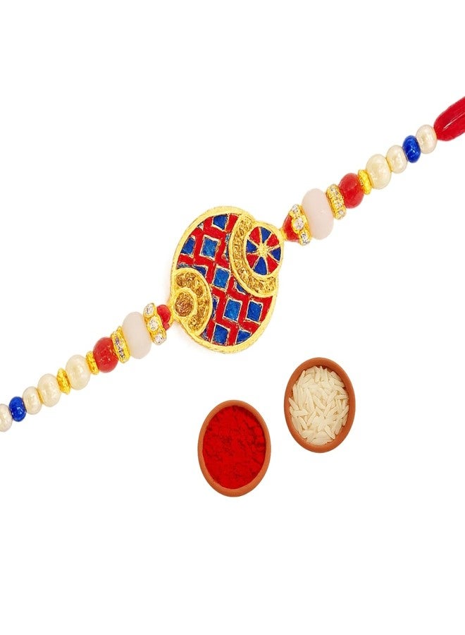 Sage Square Rakhi for Brother, Bhai with Roli Chawal | Raksha Bandhan | Designer Beads, Stones, Decorative Work | Stylish Handcrafted Rakhi Gifting for Sibling Festival Celebration (Type 10) - Image 1