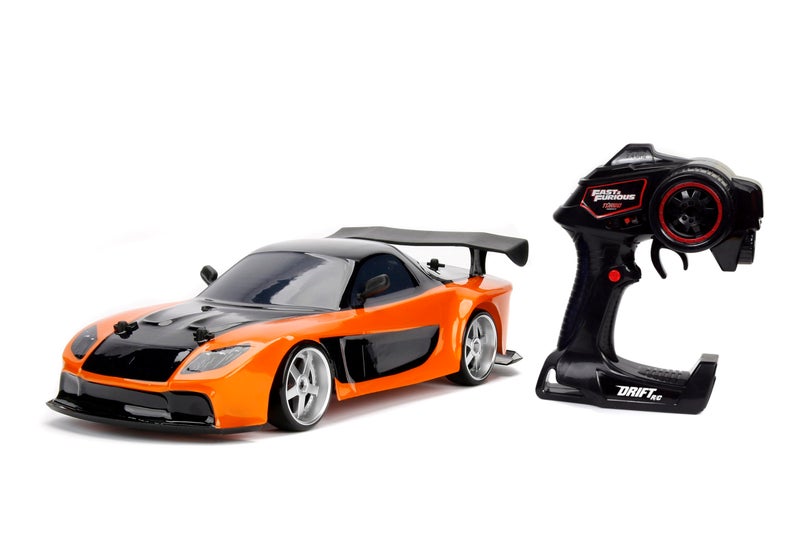 Jada Toys Fast & Furious Han’s Mazda RX-7 Drift RC Car, 1: 10 Scale 2.4Ghz Remote Control Orange & Black, Ready to Run, USB Charging (Standard) (99700) - Image 1