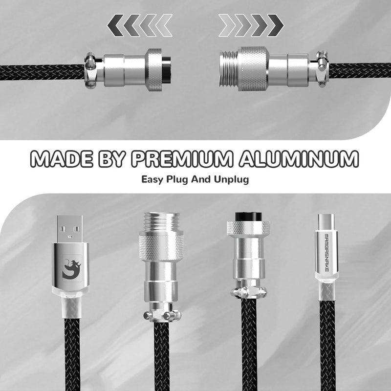 MAMBASNAKE كابل USB-C ملفوف من للوحة المفاتيح المخصصة للألعاب مع إضاءة RGB، مضفر من النايلون مع موصل طيار معدني رباعي الأطراف قابل للفصل، من نوع HyperSpeed Type C بمعدل إرجاع 8 كيلوهرتز، طول 4.92 قدم (C01 ULTIMATE/أسود) - Image 4