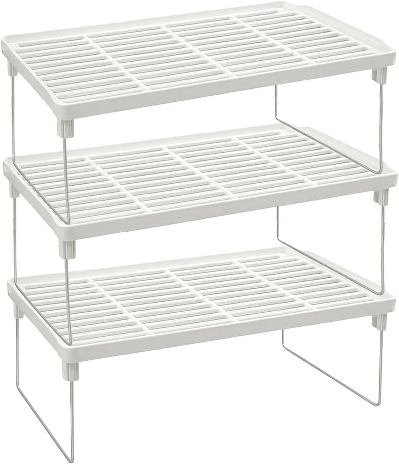 Purfex 3-Piece Kitchen Storage Shelf Organizer Set,Stackable Plastic Foldable Countertop Storage Stand with Metal Legs for Kitchen, Bathroom, Desk, Cabinet & Pantry – White - Image 1