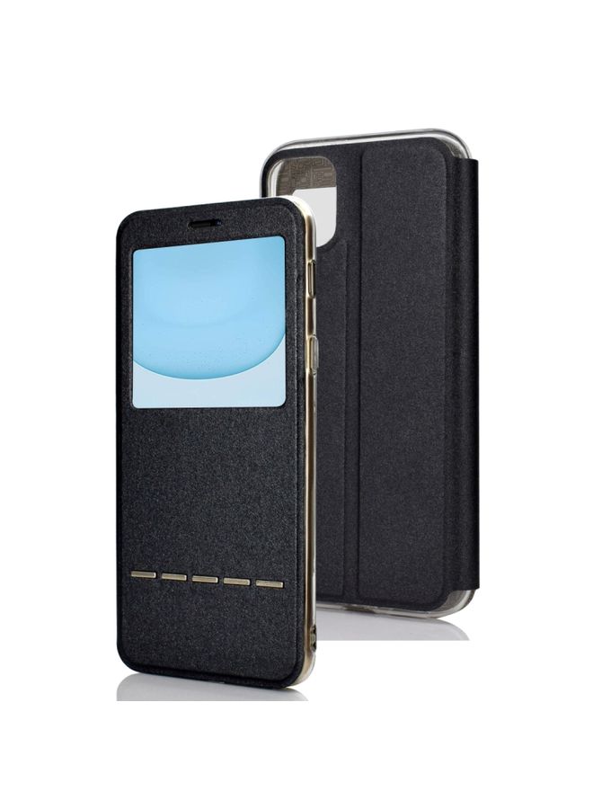 Case Cover For iPhone 11 Matte Texture Horizontal Flip Bracket Mobile Phone Holster Window with Caller ID and Metal Button Slide To Unlock Black