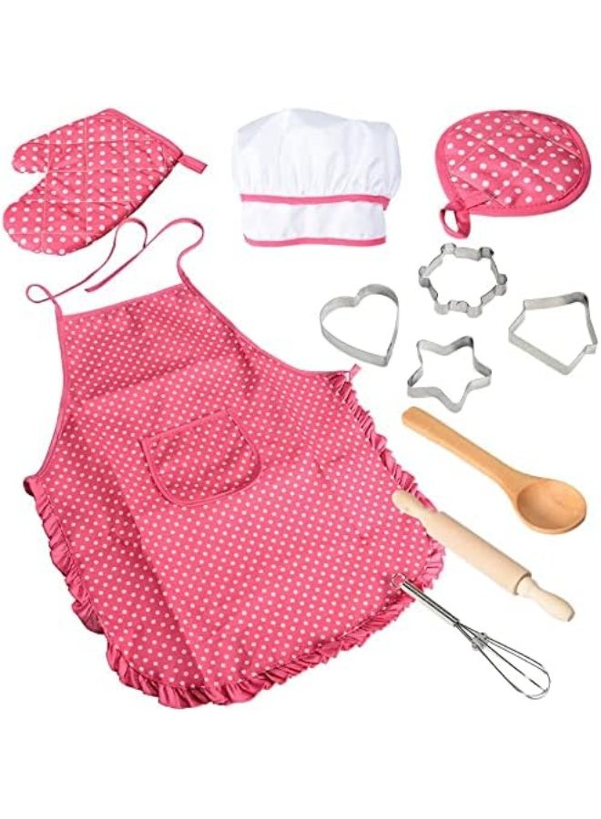 Chef Set for Kids,11pcs Kitchen Costume Role Play Kits, Girls Apron with Chef Hat,Cooking Mitt and Cookie Cutters (Rose red) - Image 5