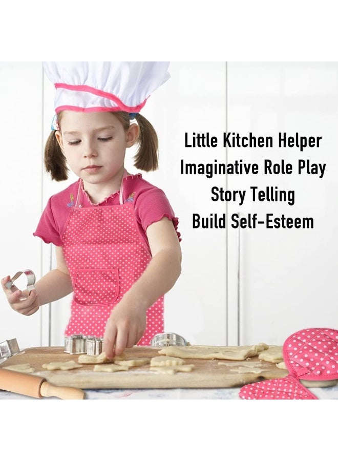 Chef Set for Kids,11pcs Kitchen Costume Role Play Kits, Girls Apron with Chef Hat,Cooking Mitt and Cookie Cutters (Rose red) - Image 4